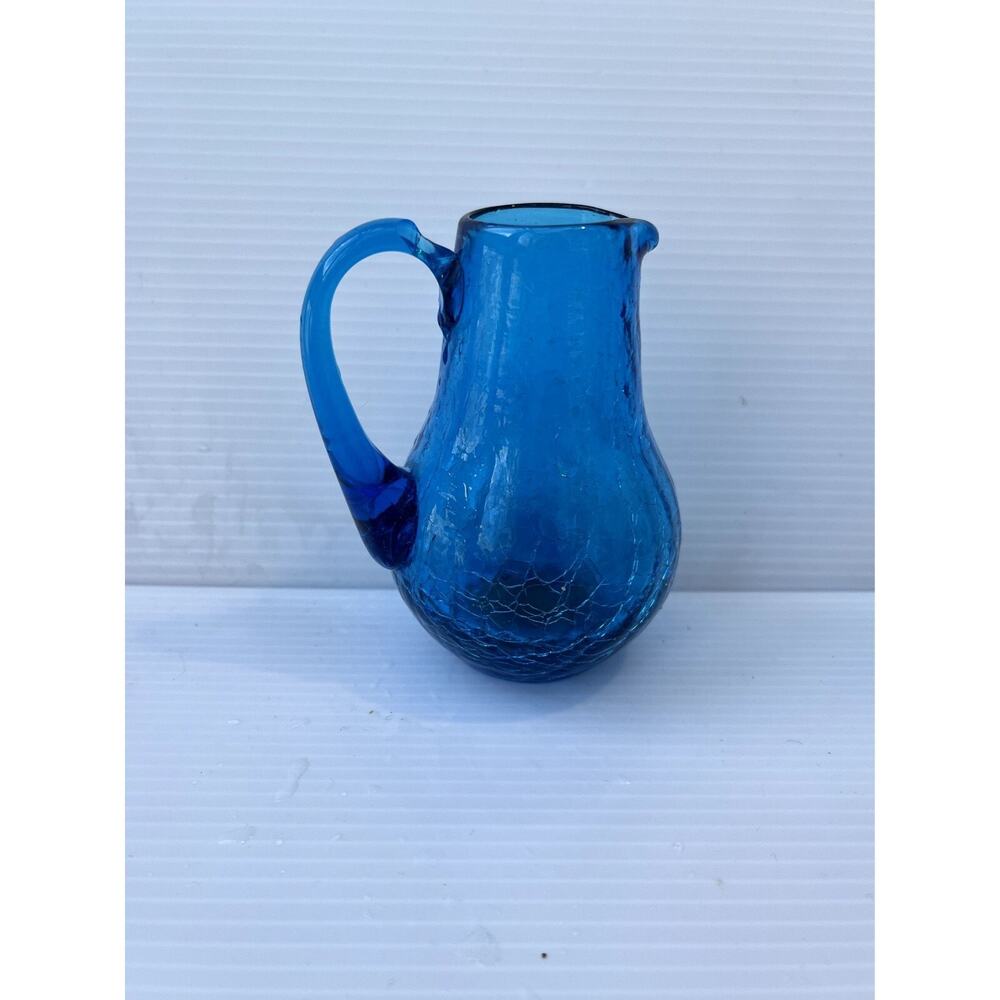 Vintage Mini Creamer Cobalt Blue Crackle Art Glass